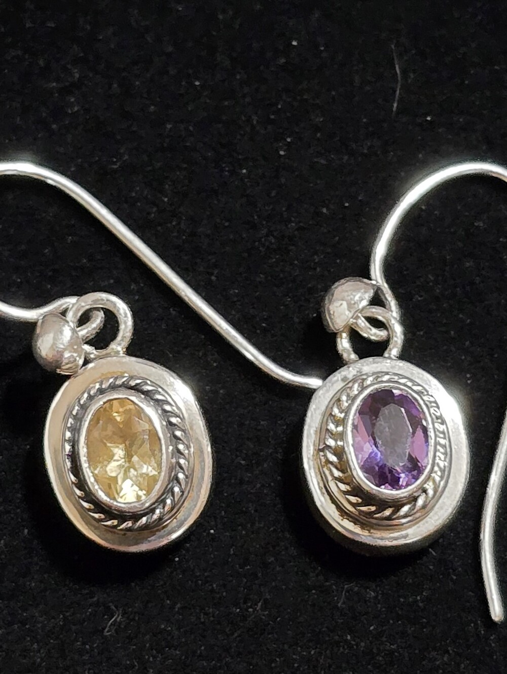 Vtg Sterling Silver with Faceted Amethyst And Citrine Dangle Hook Earrings 1.16"